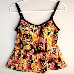 💎Fit 4 U Womens Form Fitting Multicolor Black Trim Tankini Built In Bra Size 12